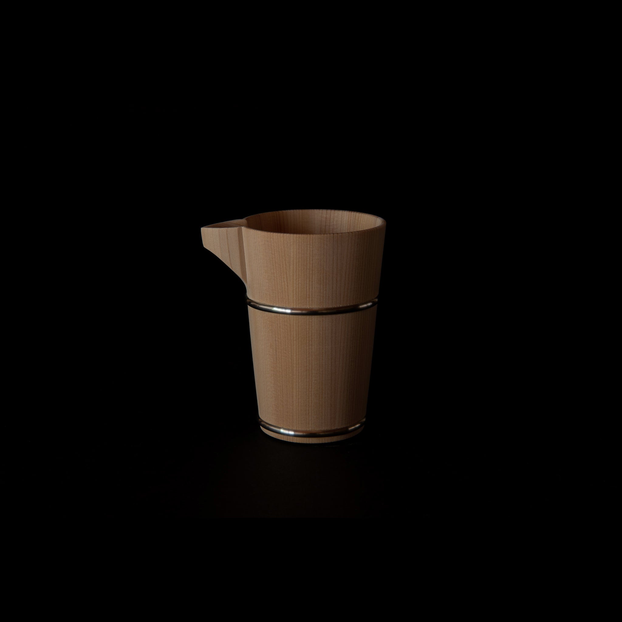 Wooden Hinoki sake carafe with metal bands